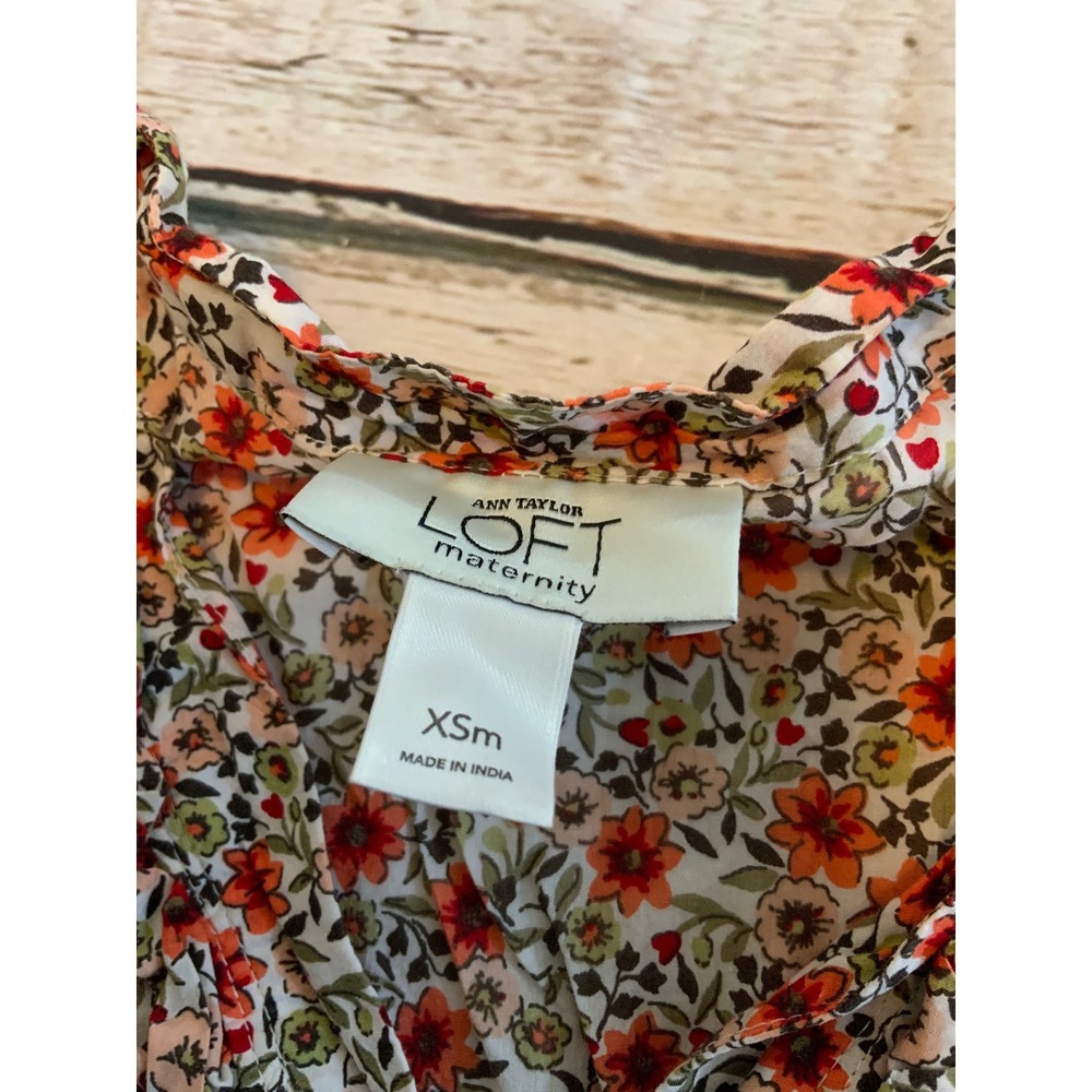 Ann Taylor LOFT Maternity Blouse XS Floral Cotton Short Sleeve Button Top Orange - Picture 2 of 3